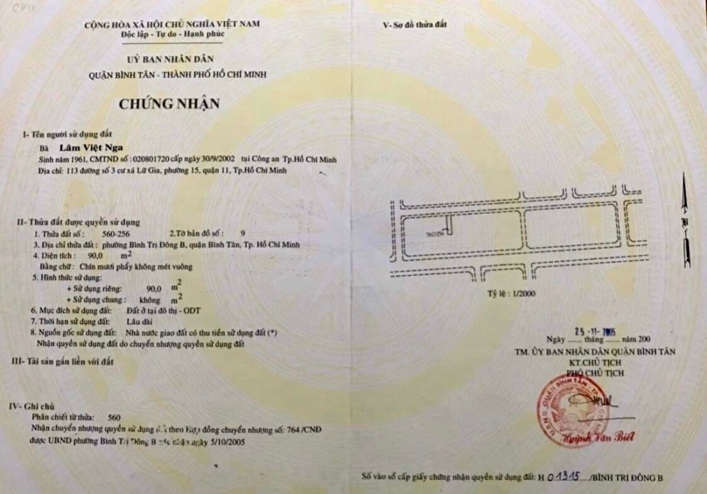 Mẫu giấy chứng nhận quyền sử dụng đất (sổ đỏ ) KDC Tên Lửa - Bình Tân